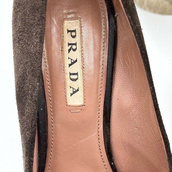 Prada Vintage Brown Suede Pumps Heels Size 37/6.5 With Toe Taps Cone Pleats Sole - Picture 3 of 16